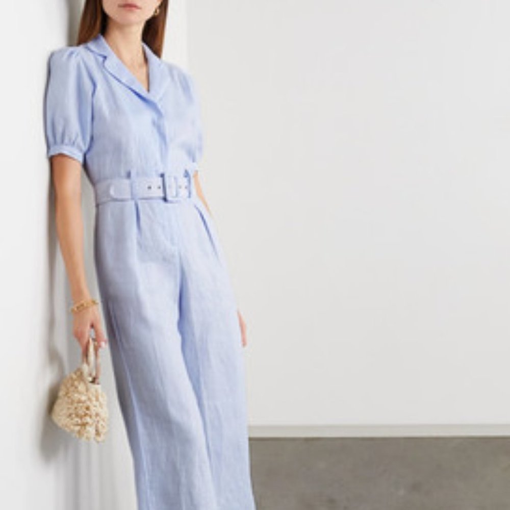 FAITHFULL THE BRAND Frederikke Belted Blue Linen Jumpsuit UK 10/US 6